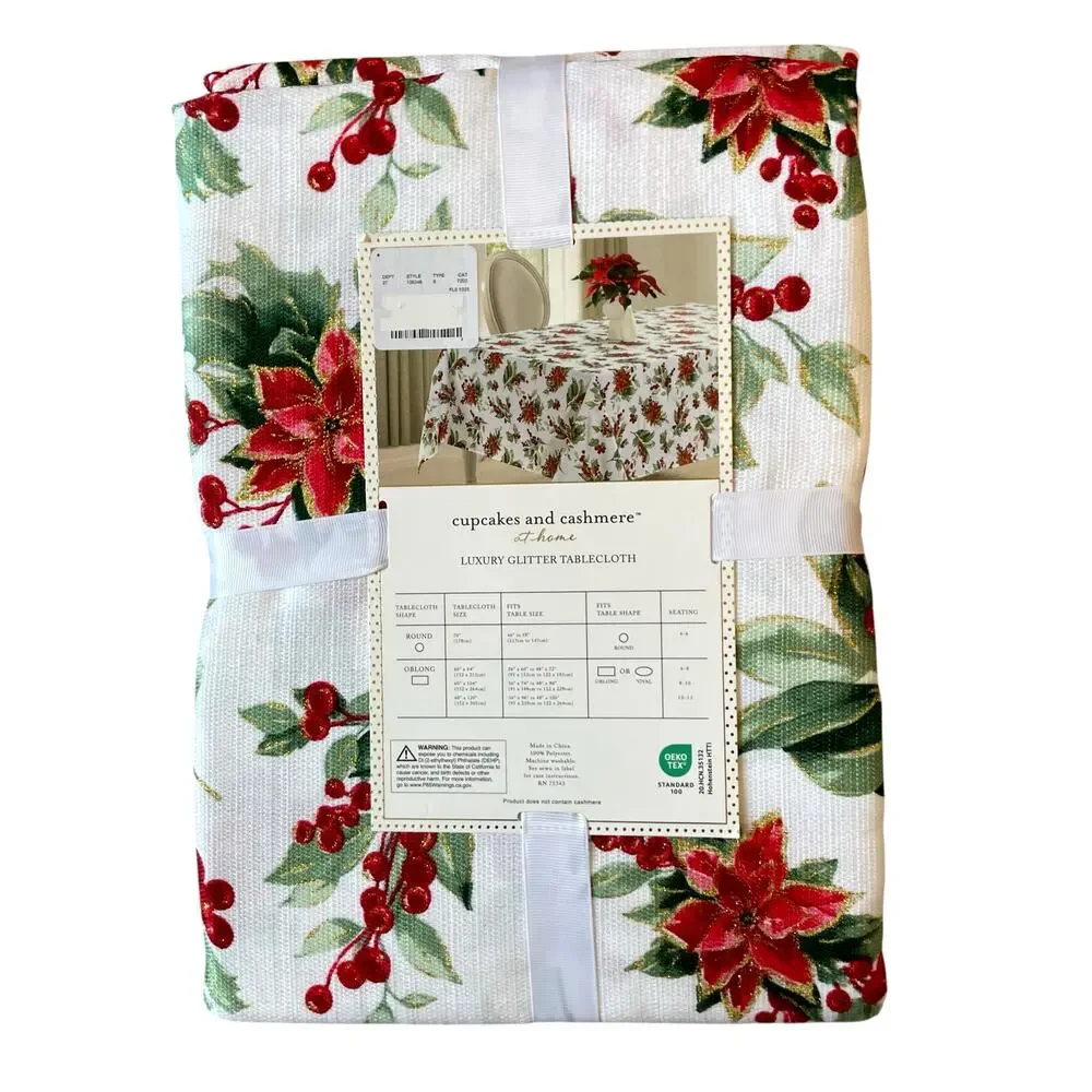 Cupcakes & Cashmere POINSETTIA Christmas Tablecloth 60x120 Oblong New